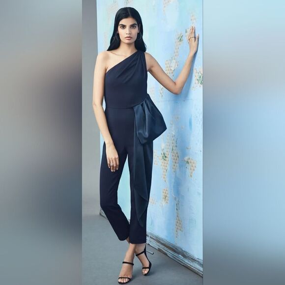 CUSHNIE ASYMMETRIC ONE SHOULDER Silk Draped Jumpsuit NWOT size 6 Navy Blue - Picture 1 of 4